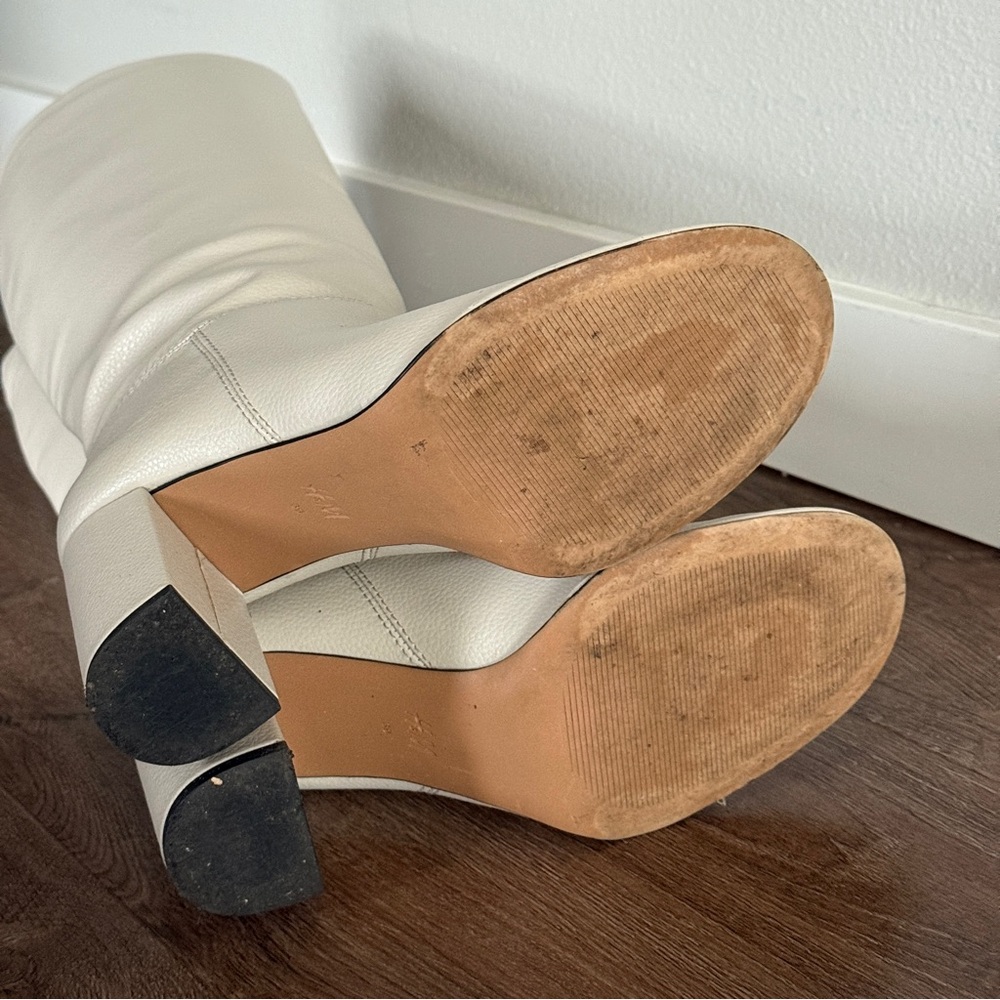 Cream knee high heel boots with rounded toe and wide calf - Picture 7 of 9